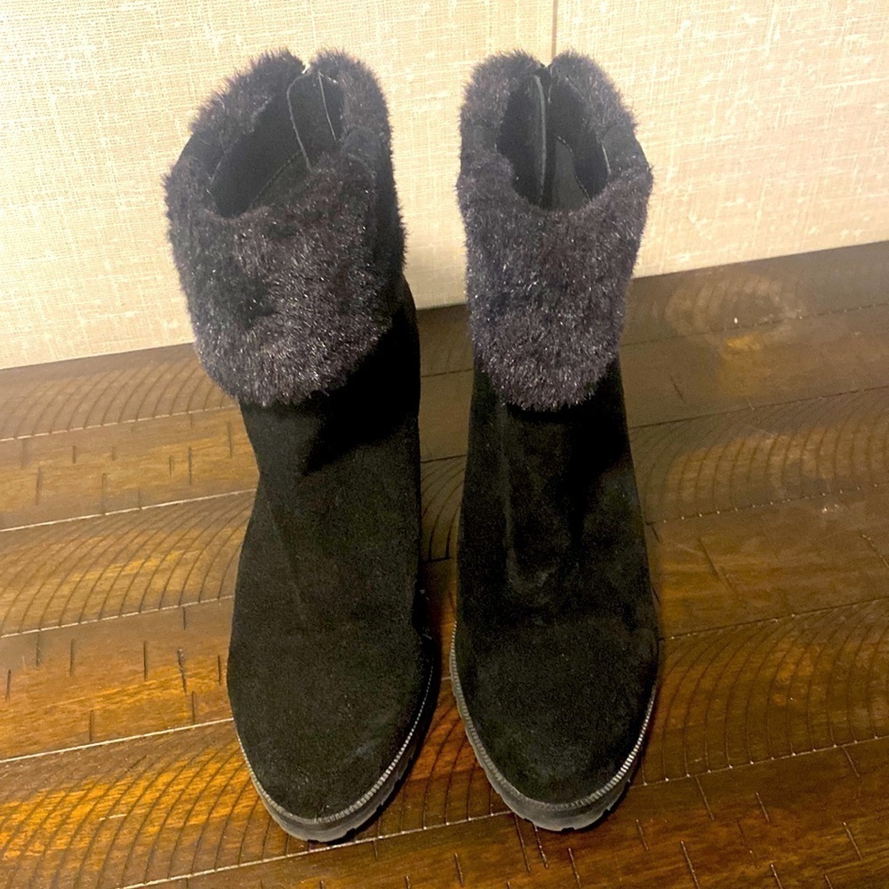 Halston Black Suede Faux Fur Boots - Picture 2 of 9